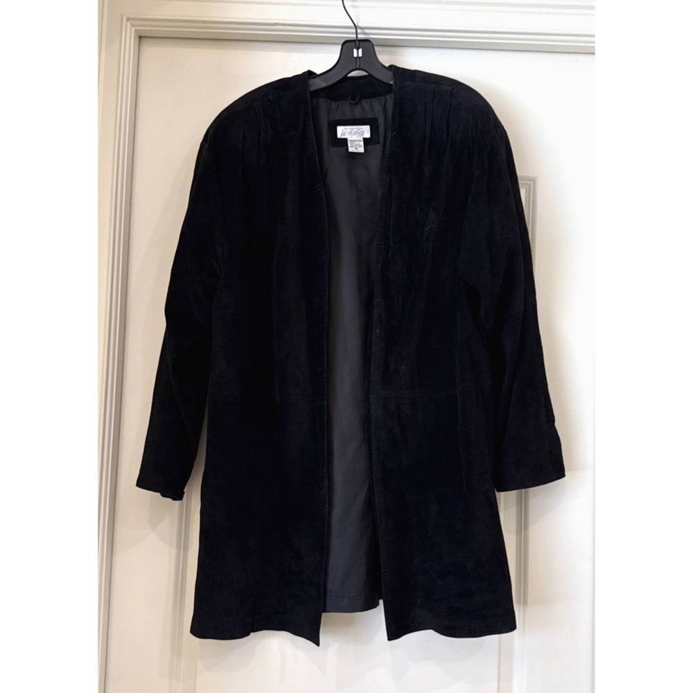 VTG Lord & Taylor Open Front Coat Womens Sz M Black Pig‎ Suede Mid Length Jacket